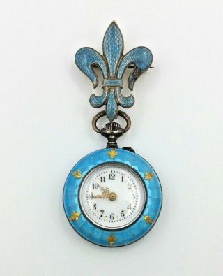 Fleur De Lis Guilloche Enamel Pendant Watch Dido Pin Set Victorian Pocketwatch