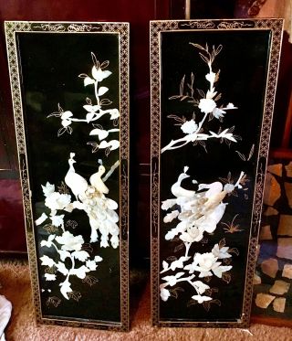 2 Pc Set Vintage Asian Wall Panels Black Lacquer Mother Of Pearl Peacock Design