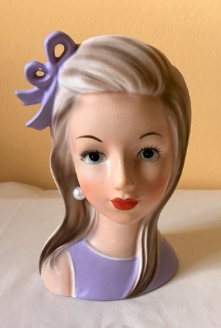 7” Japan Rare Lavender Girl Head Vase In Exceptional Vintage.