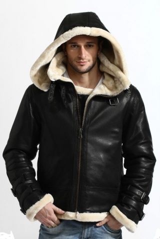 Mens Aviator B3 Ww2 Real & Faux Fur Black Sheep Leather Jacket Removable Hood