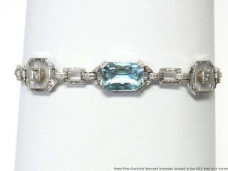 Antique Aquamarine Diamond 14k Bracelet White Gold Filigree Art Deco