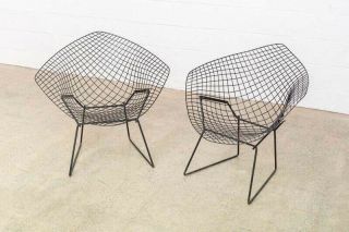 Pair Vintage Black Harry Bertoia Diamond Wire Chairs Knoll 2
