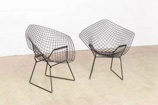 Pair Vintage Black Harry Bertoia Diamond Wire Chairs Knoll 3