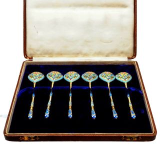 6 Antique Imperial Russian Silver Gold Cloisonne Enamel Moscow Spoons Pan Slavic