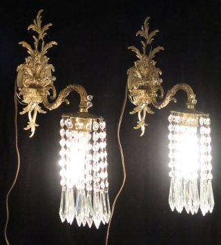 2 Sconces Rococo Vintage French Brass Bronze Waterfall Crystal Prism Garlands