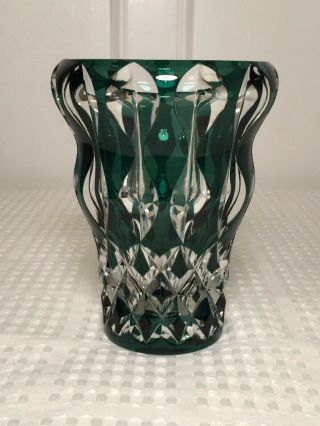 Vintage Hand - Signed Val St Lambert Emerald Green Cut - To - Clear Crystal Glass Vase