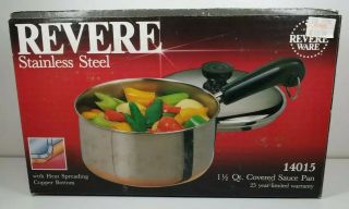 Nos Nib Revere Ware Sauce Pan Stainless Steel Copper 1.  5 Qt Vintage Model 14015