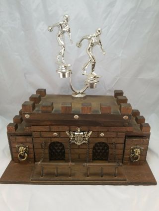 Vintage Castle Bowling Trophy With Decanters & Shot Glass Drawers Really Cool