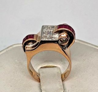 Rare Vintage Art Deco Synthetic Ruby & Diamond 18k Rose Gold Cocktail Ring