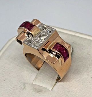 RARE VINTAGE ART DECO SYNTHETIC RUBY & DIAMOND 18K ROSE GOLD COCKTAIL RING 2