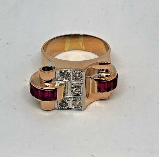 RARE VINTAGE ART DECO SYNTHETIC RUBY & DIAMOND 18K ROSE GOLD COCKTAIL RING 3