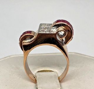 RARE VINTAGE ART DECO SYNTHETIC RUBY & DIAMOND 18K ROSE GOLD COCKTAIL RING 4