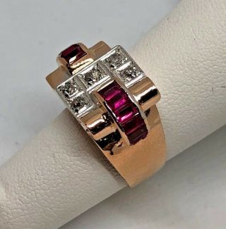 RARE VINTAGE ART DECO SYNTHETIC RUBY & DIAMOND 18K ROSE GOLD COCKTAIL RING 5