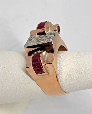 RARE VINTAGE ART DECO SYNTHETIC RUBY & DIAMOND 18K ROSE GOLD COCKTAIL RING 7