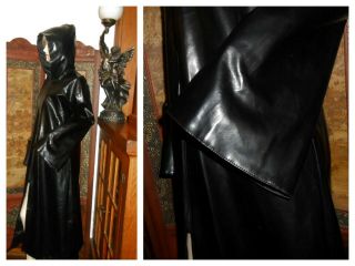 Vtg XL Gloss Black Long Vinyl Raincoat Hood Shiny Black PVC Rain Jacket Slicker 2