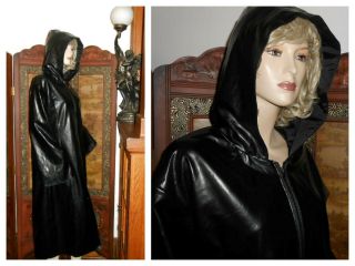 Vtg XL Gloss Black Long Vinyl Raincoat Hood Shiny Black PVC Rain Jacket Slicker 3