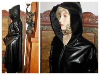 Vtg XL Gloss Black Long Vinyl Raincoat Hood Shiny Black PVC Rain Jacket Slicker 5