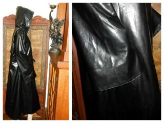 Vtg XL Gloss Black Long Vinyl Raincoat Hood Shiny Black PVC Rain Jacket Slicker 6