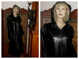 Vtg XL Gloss Black Long Vinyl Raincoat Hood Shiny Black PVC Rain Jacket Slicker 7