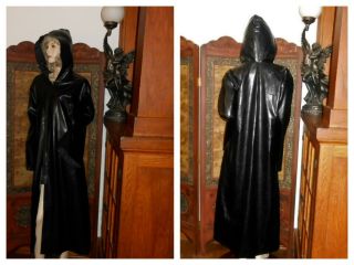 Vtg XL Gloss Black Long Vinyl Raincoat Hood Shiny Black PVC Rain Jacket Slicker 8