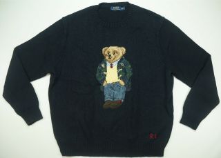 Rare Vintage Polo Ralph Lauren Cardigan Rl Bear Knit Sweater 90s Retro Navy Xl