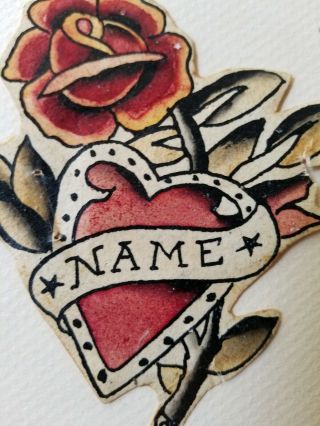 Vintage Dutch Van Dee? Darpel? Tattoo Flash Cut Rose Heart Banner 3x3