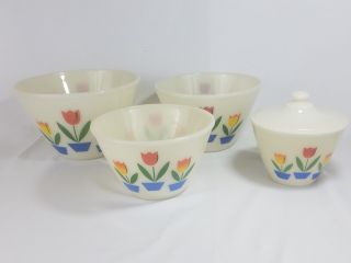 Vtg Fire King Tulips Pyrex Nesting Mixing Bowls Set Of 4 Lid Anchor Hocking