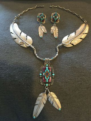 Vintage Navajo Feather Necklace And Earring Set By Artisan Bernyse Chavez