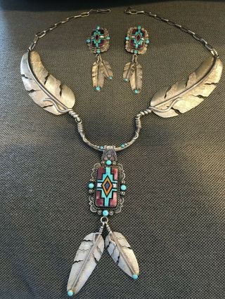 Vintage Navajo Feather Necklace and Earring Set by Artisan Bernyse Chavez 7