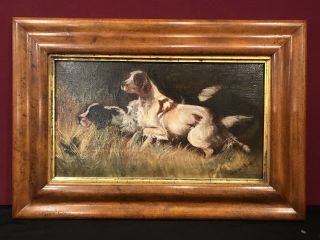 Antique Oil Painting Of Two Spaniel Hunting Dogs