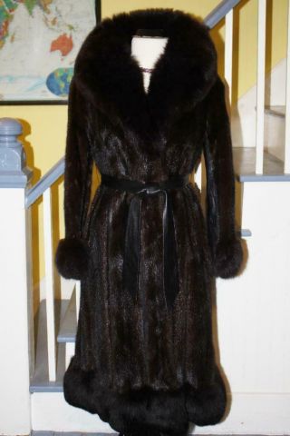 Glamorous Vintage Mink Fur Coat With Fox Fur Trim And Leather Inserts Women 