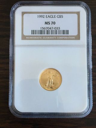 1992 $5 1/10 Oz American Gold Eagle Coin.  Ngc Ms70.  Rare In Ms70.