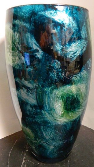 Vintage Large Aqua,  Blue & Green Reverse Painted Glass Vase 13.  63 " X 6.  5 " Excell