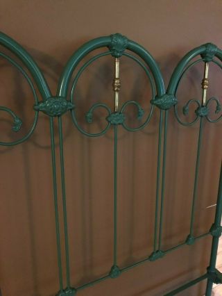 Antique Ornate Cast Iron Full Size Bed w/ Brass Vintage Moss Green 11