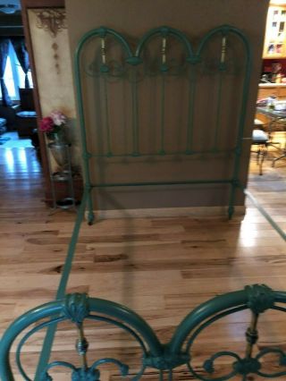 Antique Ornate Cast Iron Full Size Bed w/ Brass Vintage Moss Green 2