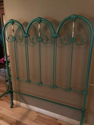 Antique Ornate Cast Iron Full Size Bed w/ Brass Vintage Moss Green 4