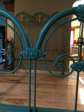 Antique Ornate Cast Iron Full Size Bed w/ Brass Vintage Moss Green 6