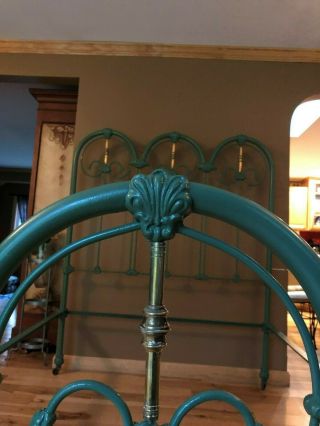 Antique Ornate Cast Iron Full Size Bed w/ Brass Vintage Moss Green 7