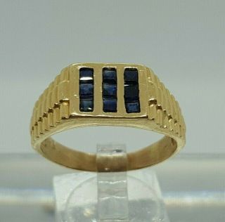 Vintage 14k Yellow Gold Channel Set Blue Sapphires Mens Ring