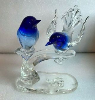 Vintage Italy Signed Elio Raffaeli Blue Birds On Branch Blown Glass Sculpture