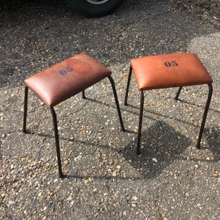 Two Vintage Leather Top Industrial Stools Home Decor