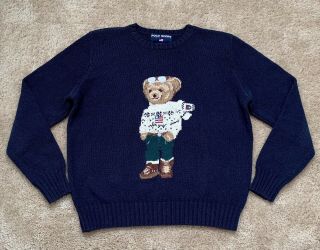 Vtg Ralph Lauren Polo Sport Bear Sweater Knit Sportsman,  Dark Blue,  Large