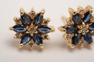 Vintage 14k Yellow Gold With Sapphire & Diamond Flower Earring Over 925 Silver