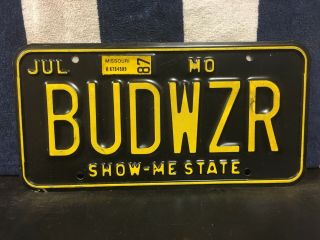 Vintage 1987 Missouri Vanity License Plate “budwzr” (mo = Home Of Budweiser)