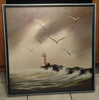 Vintage Mid Century Oil On Canvas Stormy Ocean Lighthouse Framed Painting Signed