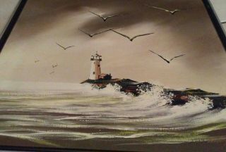 Vintage Mid Century Oil on Canvas Stormy Ocean Lighthouse Framed Painting Signed 4