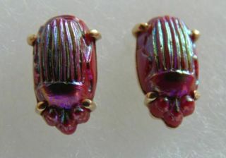 Rare Pair Antique Red L.  C.  Tiffany Favrile Art Glass Scarab 14kt Gold Earrings