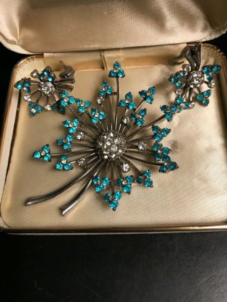 Dazzling Vintage Pennino Crystal Rhinestone Flower Brooch And Earrings