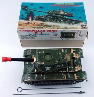 Vintage MIB Tin B/O Caterpillar Tank M - 1 by Masudaya - Modern Toys,  Japan 1968 2
