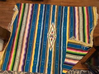 Vtg Mexican Saltillo Serape Blanket Rug Weaving Blue 82 X 62